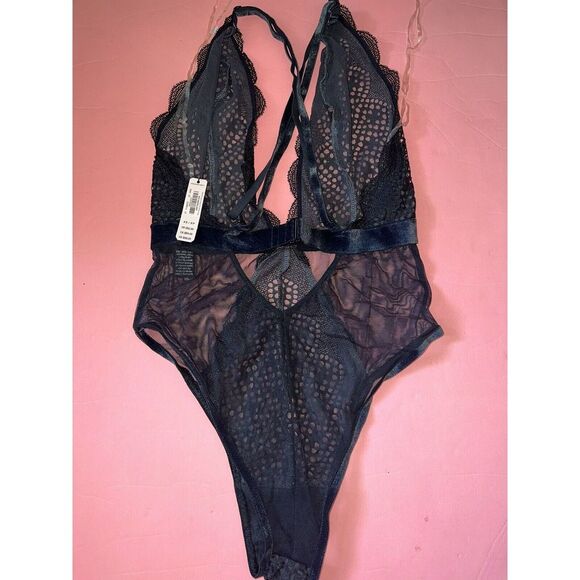 Victoria's Secret 32C BRA+CORSET bustier+TEDDY FISHNET velvet velour BLACK gray - Picture 3 of 12